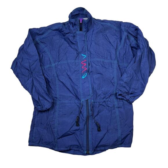 Asics VTG Y2K Long Full Zip Windbreaker Rain Jacket Navy Blue Womens Large - Picture 1 of 6
